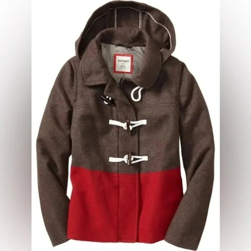 Old Navy, size xsmall, Brown and Red Toggle Coat, wool Blend, hood, zipper